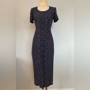 Vintage Maggy London Navy Polka Dot Buttoned Short Sleeve Midi Dress